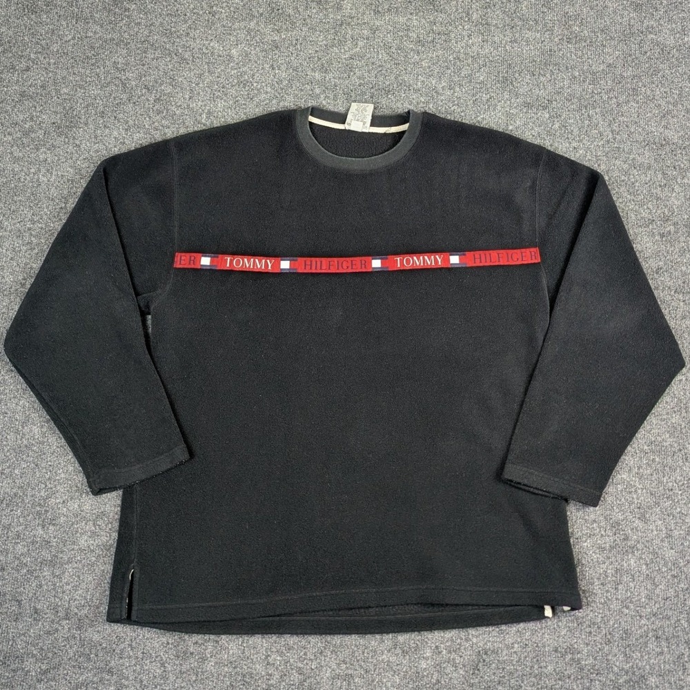 Vintage Tommy Hilfiger Jeans Black Fleece Logo Tape Sweatshirt XL 1999